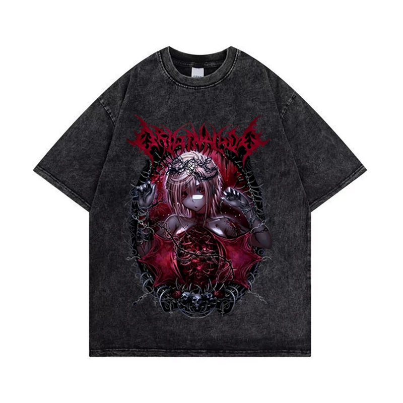 

Футболка мужская промытая в стиле Харадзюку, рубашка с короткими рукавами в готическом стиле, хлопковая уличная одежда с рисунком Феи гранж...