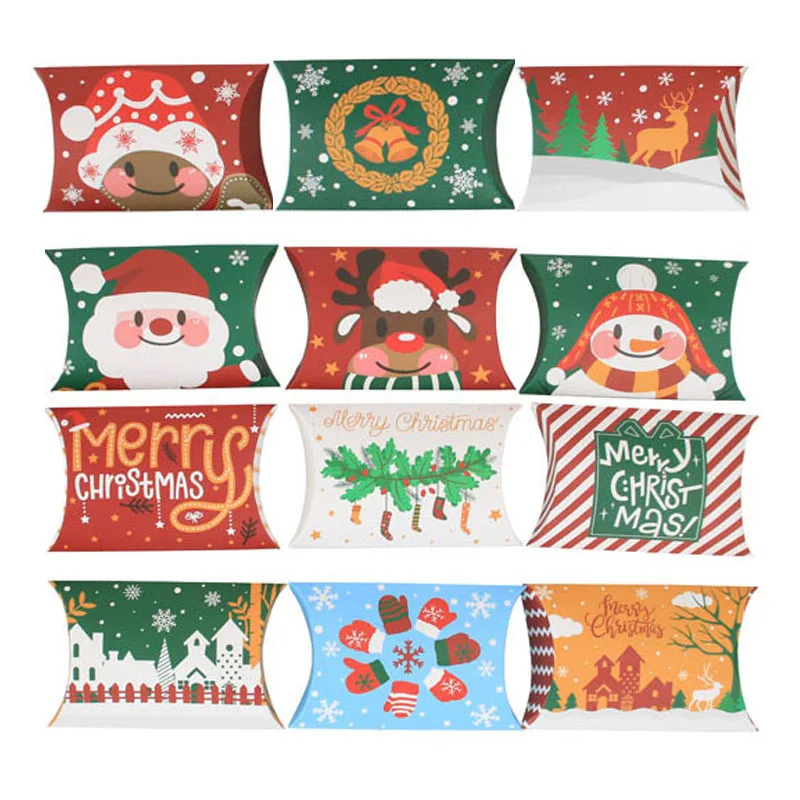 

100pcs Candy Box Pillow Shape Santa Claus Elk Bell Pattern Small Pie Gift Packaging Boxes Merry Christmas Supplies Party Favors