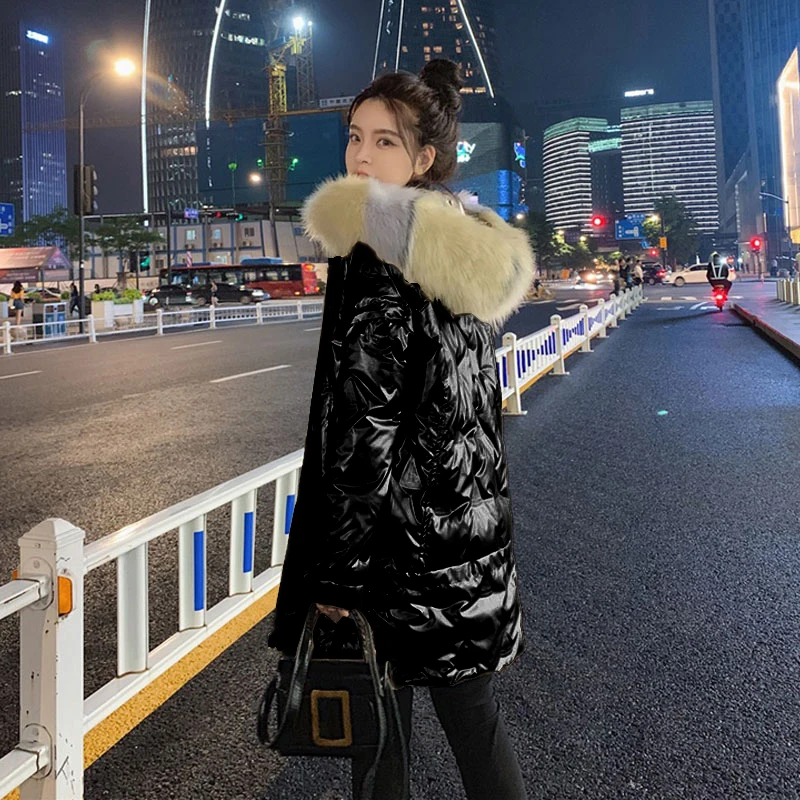 Glossy Winter Jackets Women High Quality Snow Wear Parkas Hooded Warm Long Coats Female Pleated New Fashion Clothing