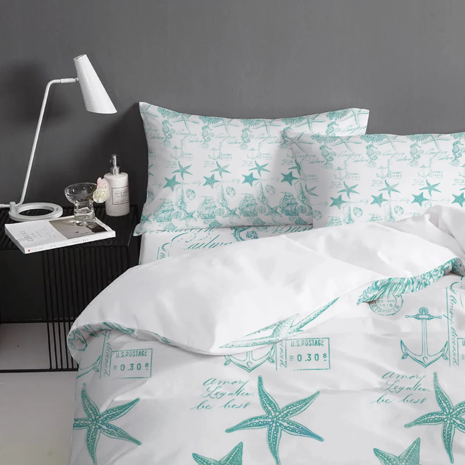 Aqua Ocean Starfish Shell Coral Vessel Texture Comfortable Household Goods Bedroom Bed Luxury Duvet Cover 2/3/4 Pieces | Дом и сад