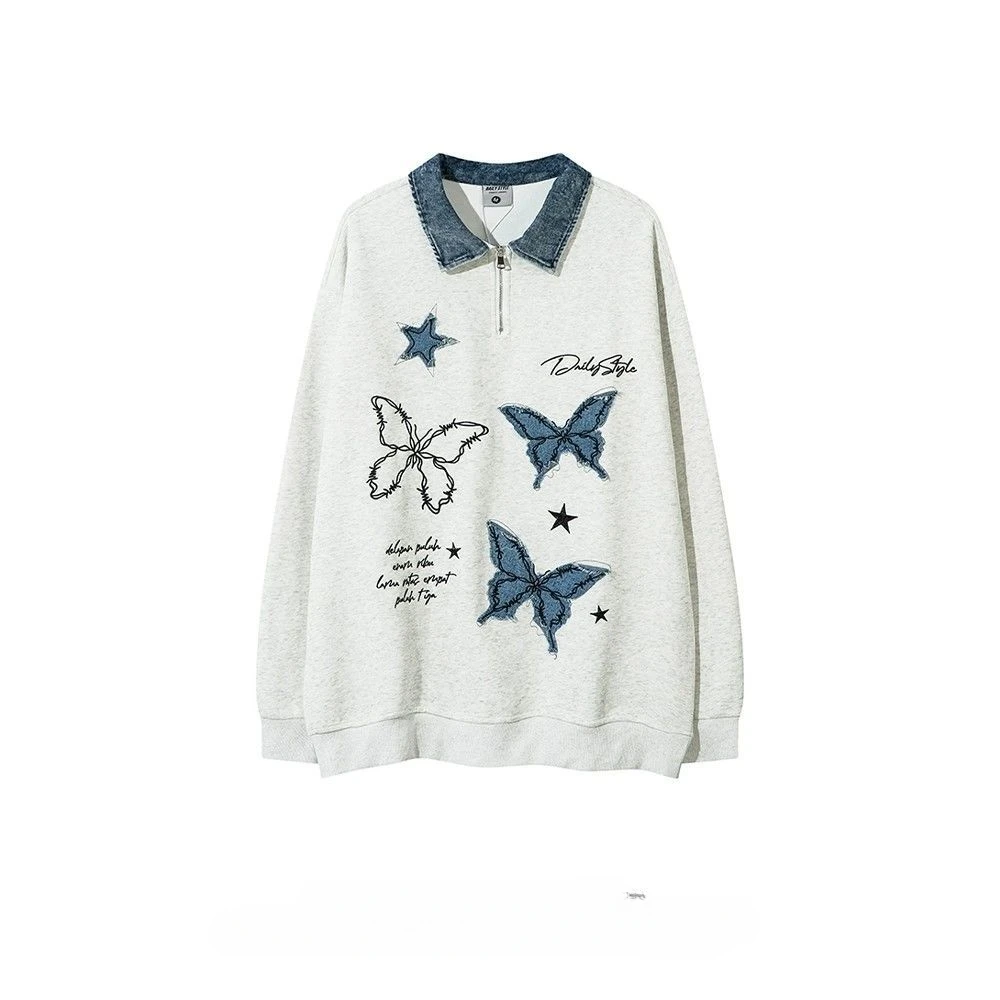 Американский джинсовый свитшот с нашивкой-бабочкой и вышивкой на полумолнии