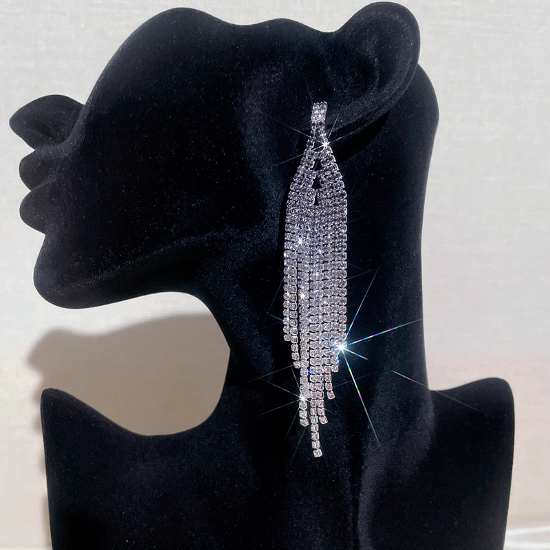 

New Trendy Colorful Rhinestone Tassel Dangle Earrings for Women Statement Wedding Party Jewelry Shine Crystal Long Drop Earrings