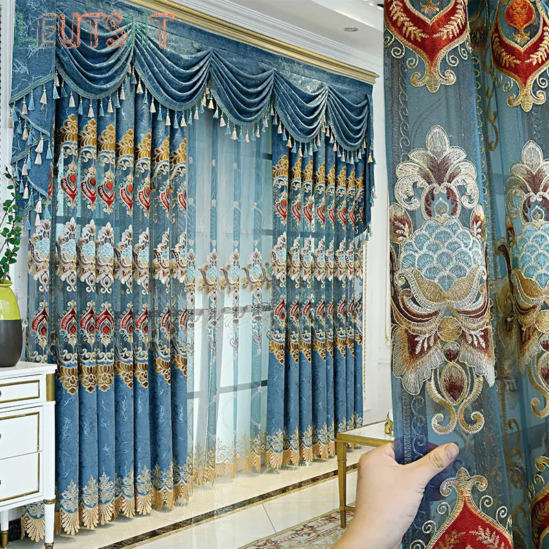 

European Style Curtains for Living Dining Room Bedroom Luxury Embroidered Chenille Sheer Window Curtain Valance Window Tulle