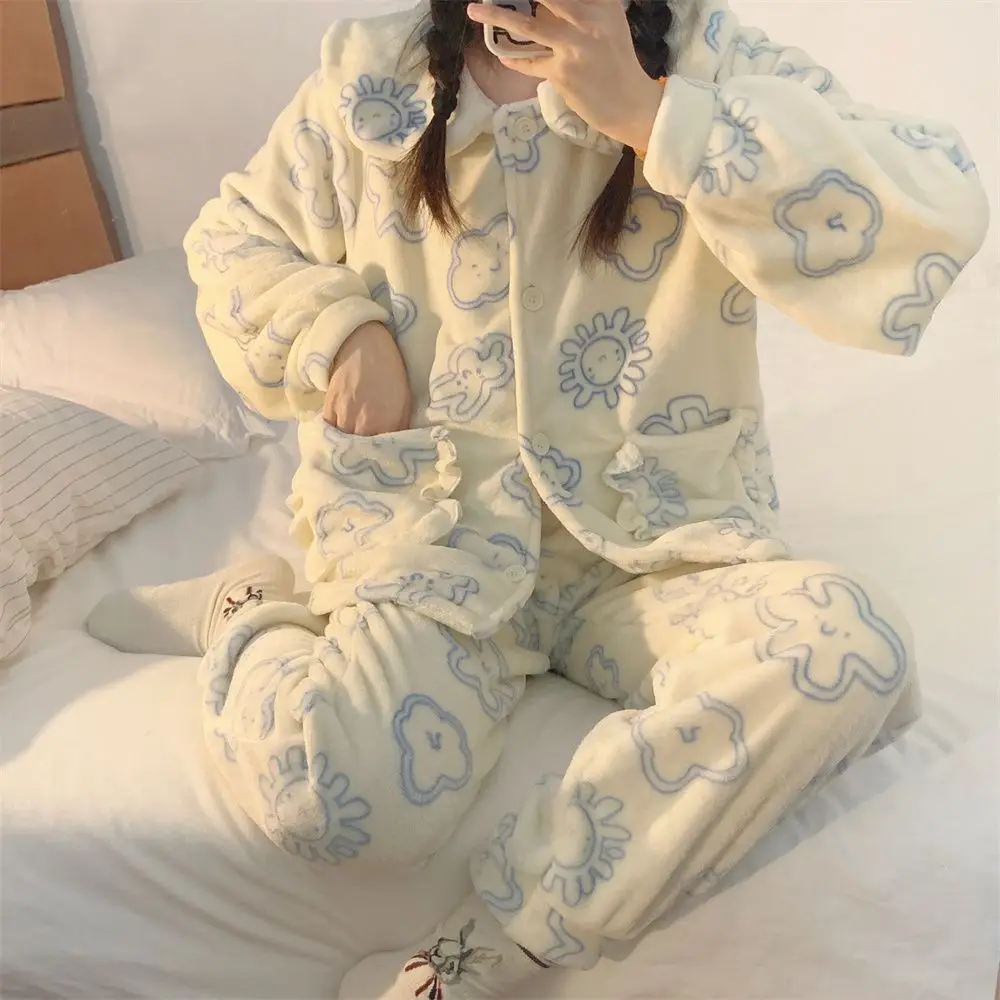Yasuk Autumn Winter Cute Women's Casual Lovely Sweet Girl Warm Soft Sleepwear Loose Pajamas With Pants Cloud Velvet Simple
