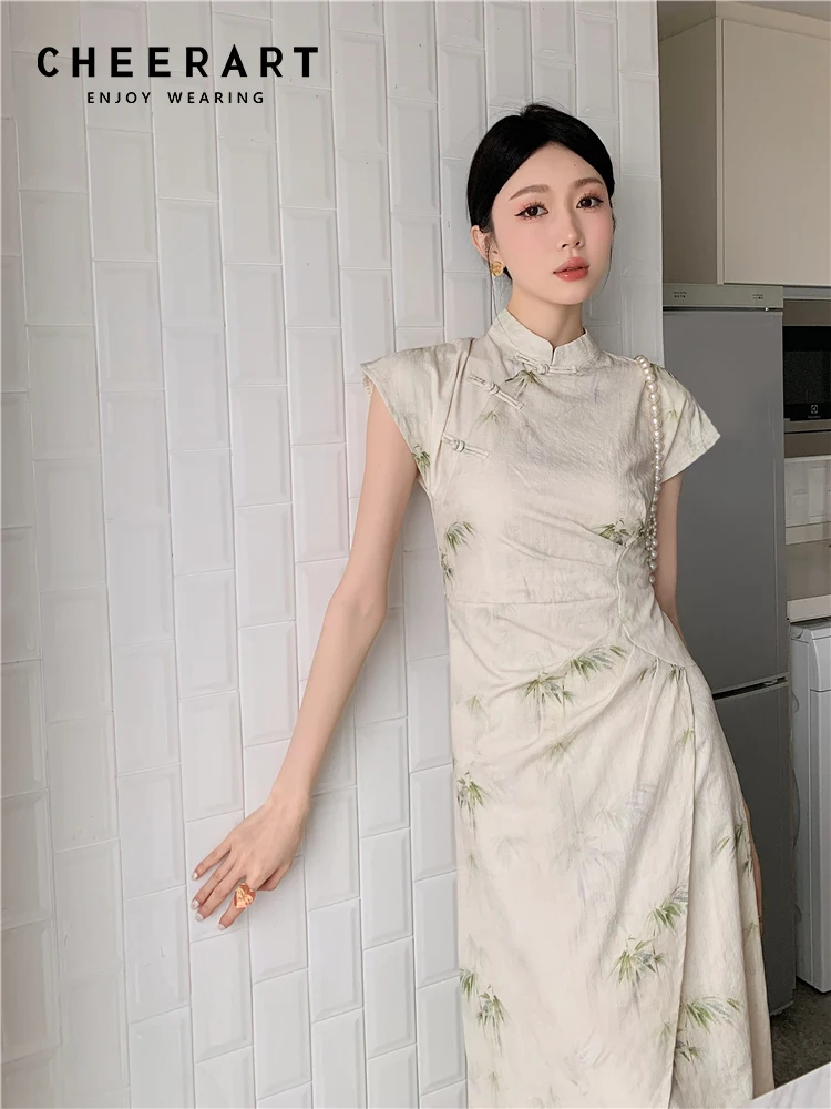 

Винтажное платье-Ципао CHEERART с бамбуковым принтом, облегающее длинное платье для женщин, лето 2023, ТРАПЕЦИЕВИДНОЕ платье без рукавов, одежда в эстетике