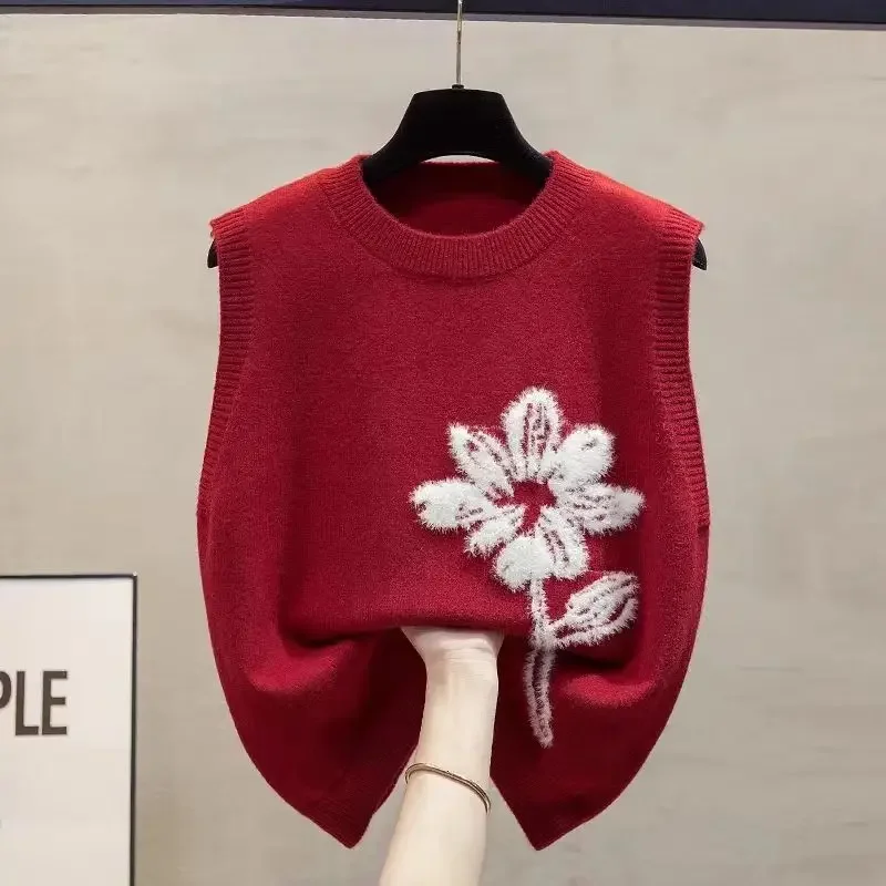 Женский свитер со свободными цветами женский вязаный жилет пуловер красный