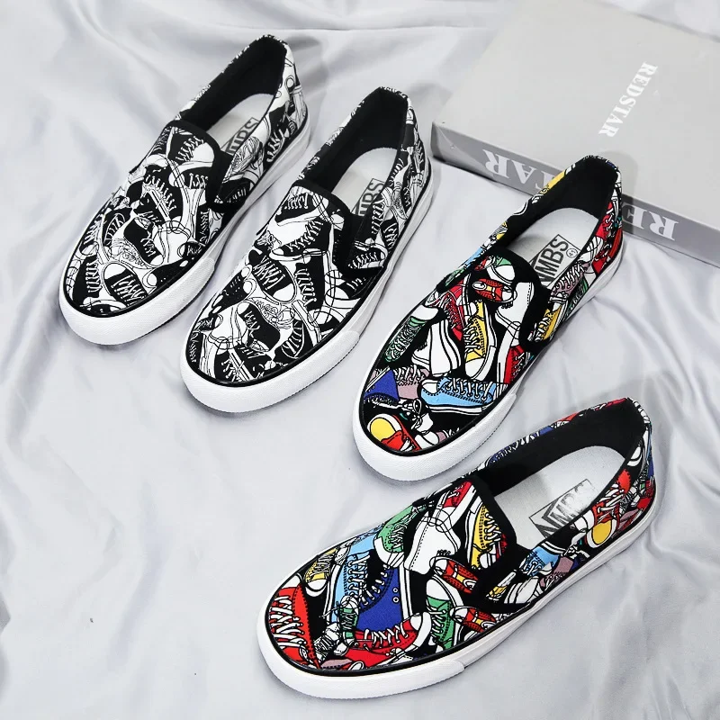 Мужские парусиновые туфли плоская подошва скейтборды лоферы без застежки