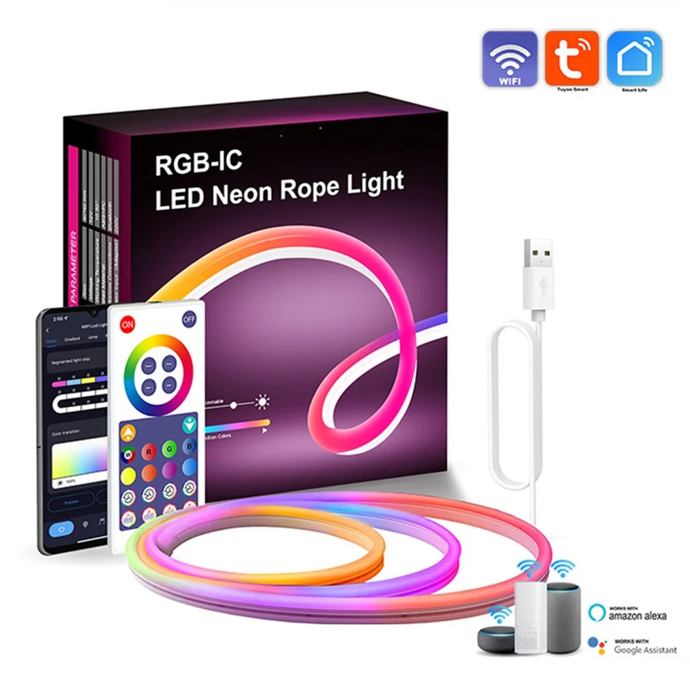 

Smart Tuya WiFi LED Neon Strip Light RGB Dimmable Waterproof RGBIC Chasing Flexible Rope Tape for Home Decor Work With Alexa
