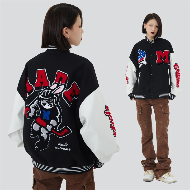 Men Vintage Baseball Jacket Cartoon Rabbit Letter Embroidery Oversized Varsity Jackets Streetwear Harajuku Casual Bomber Coats