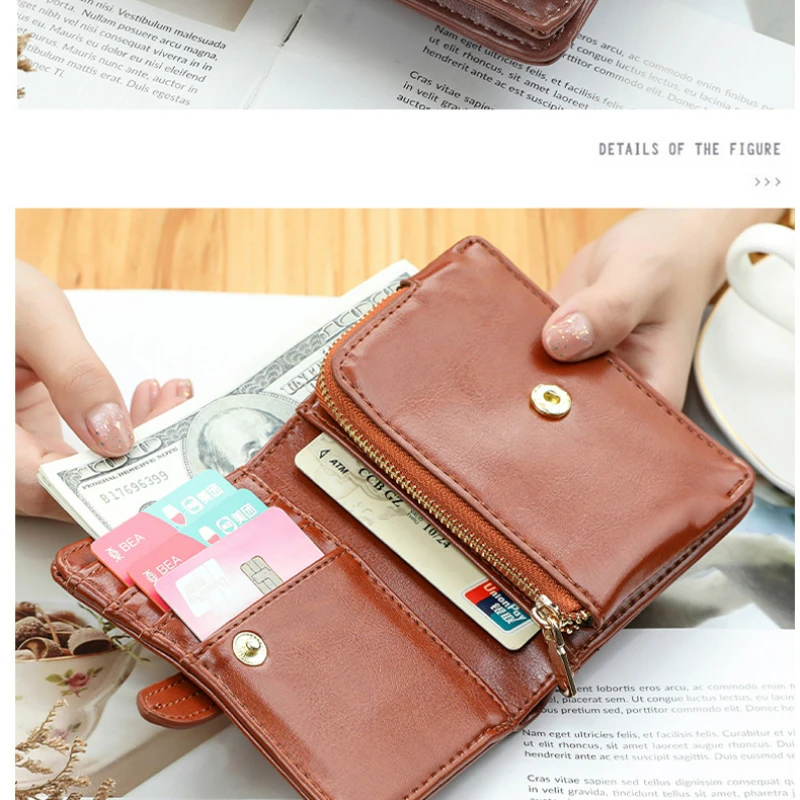 2023 Wallet Women's New Vintage Oil Wax Folding Simple PU Slim Small Money Clip Card Bag