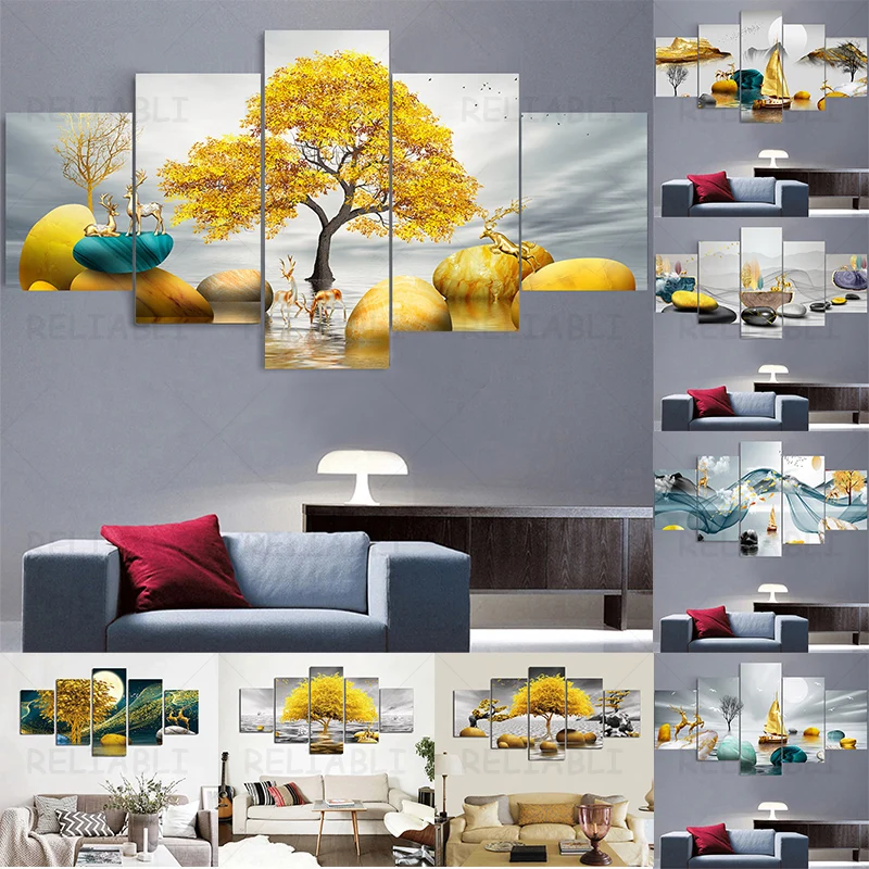 5 шт. абстрактный пейзаж холст живопись золотое дерево камень плакаты с оленем и