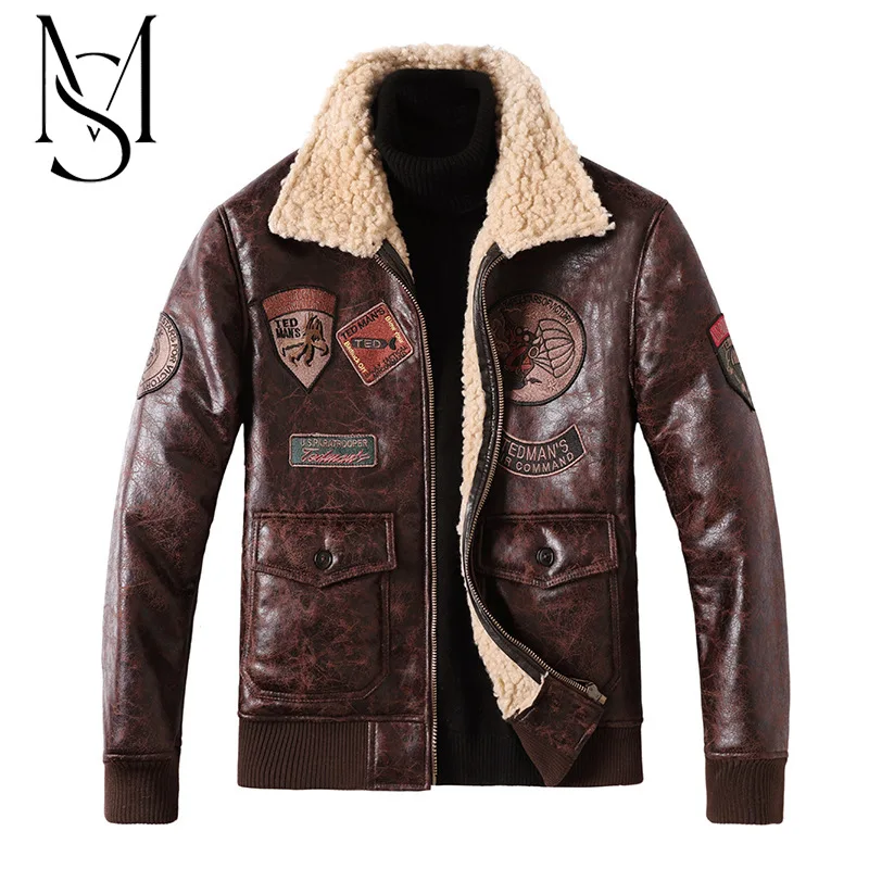 

Foreign trade American-style retro air force fur integrated embroidery flight suit locomotive labeling large leather coat PY1470