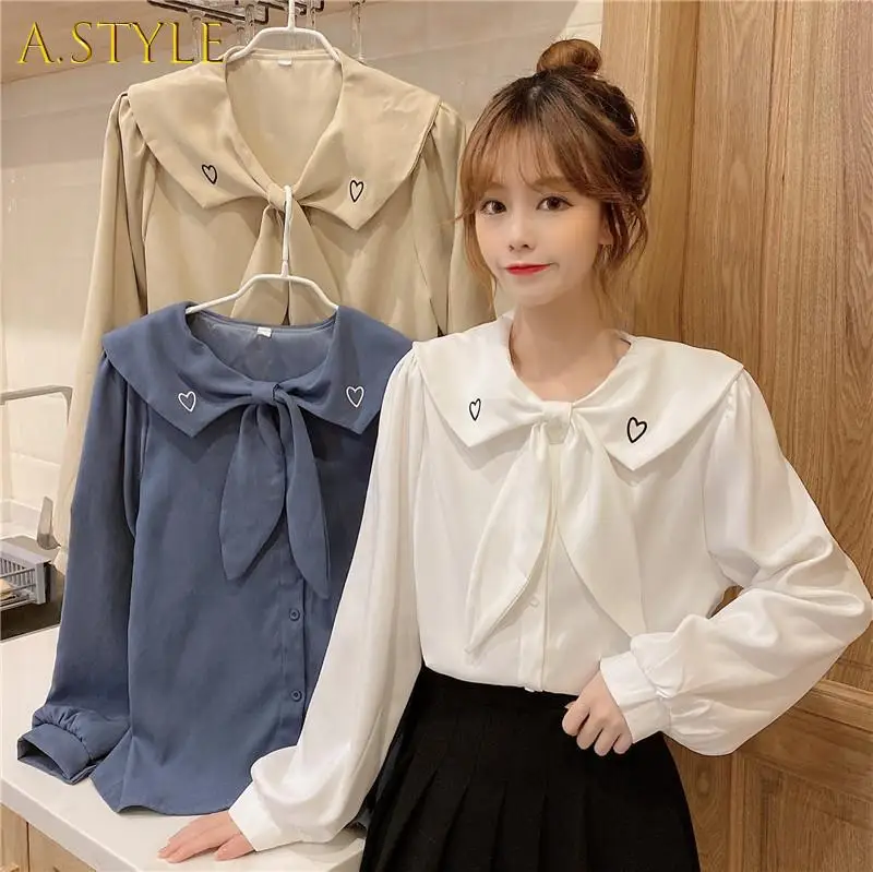 

Shirt Women Solid Color Preppy Korean Style Fresh Lovely Sailor Collar Girls All-match Sweet Tops Embroidery Lantern Sleeve Ins