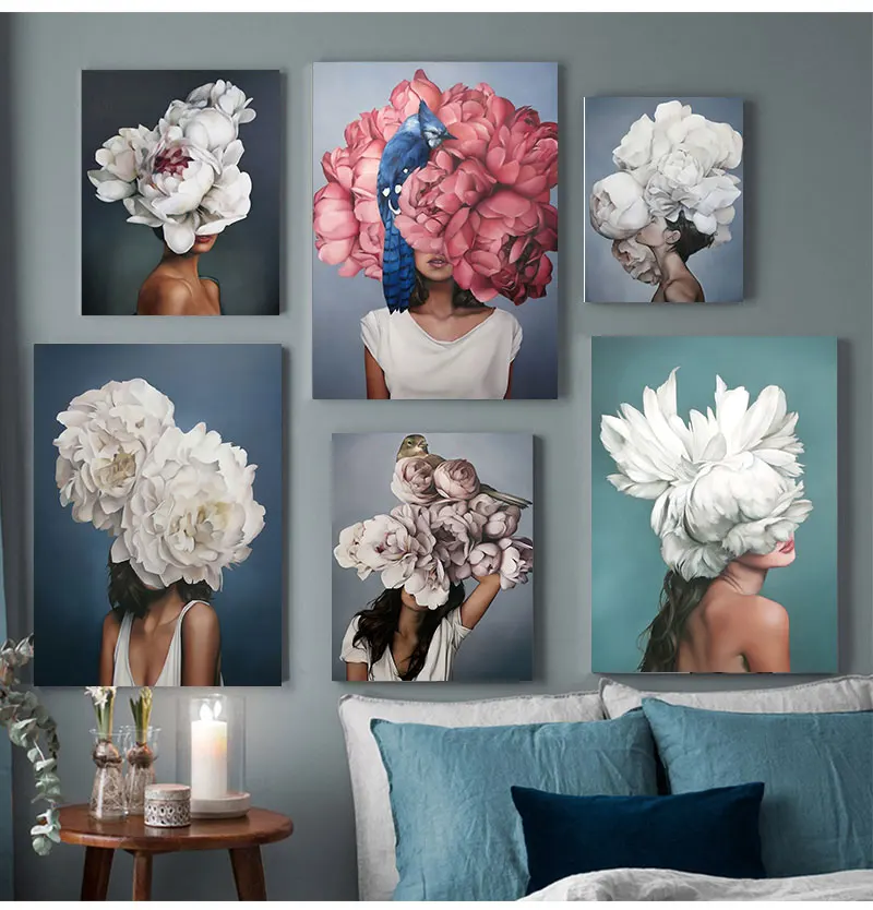 

Decorative Painting Living Room Home Decoration Flowers Feathers Woman Abstract Canvas Painting Wall Art Print Poster Room Decor