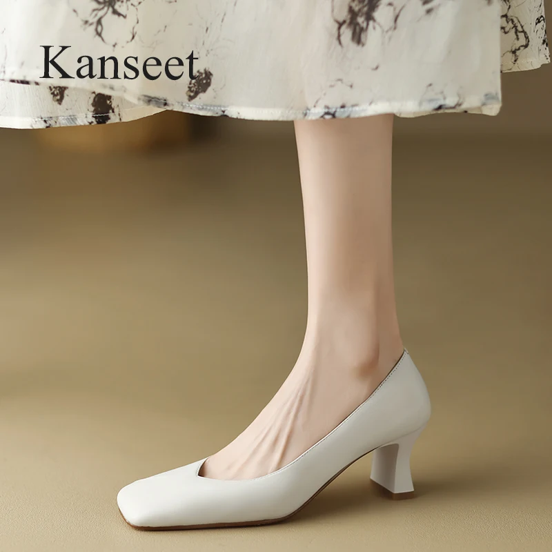 Kanseet New Arrival Genuine Leather Women Shoes 2023 Spring Square Toe Pumps Dress Handmade Ladies Slip-On High Heels Footwear