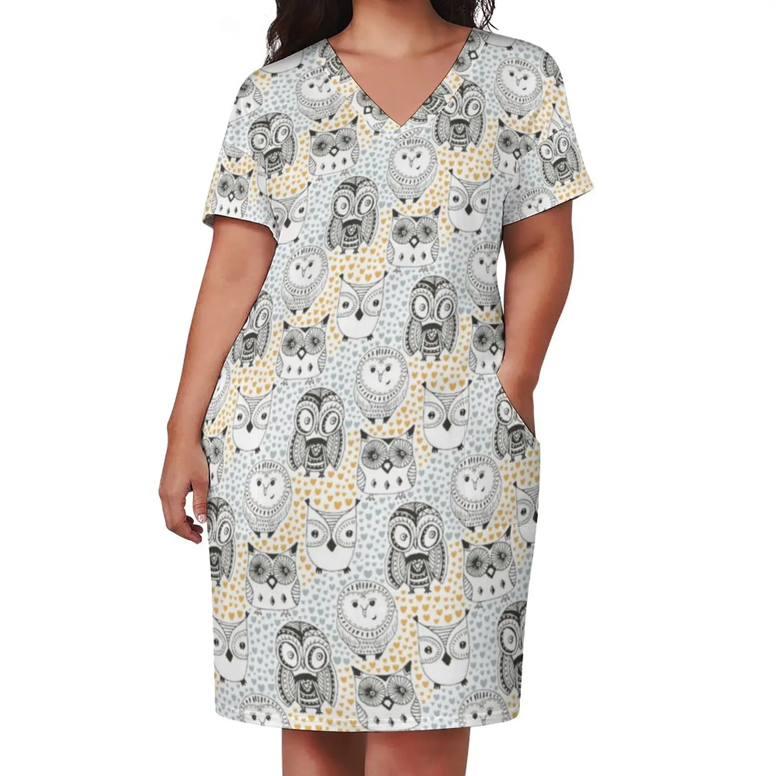 Owl Pattern Leggings Casual Dress Summer  Kawaii Dresses Female V Neck Print Aesthetic Dress Plus Size 4XL 5XL
