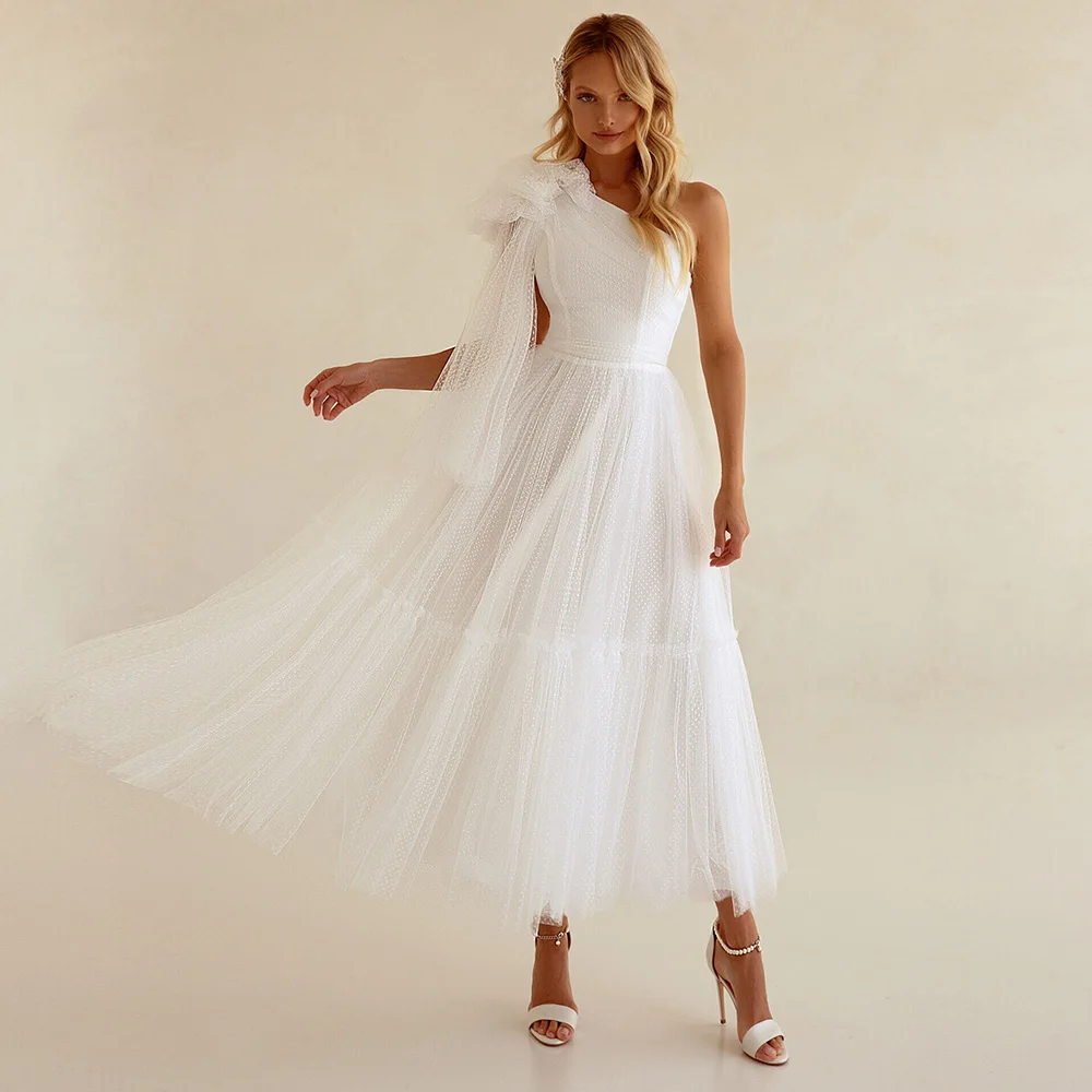 

Ankle-Length Wedding Dress For Bride One-Shoulder Sleeveless Tulle Bridal Gowns Boho Simple A-Line Vestido De Noiva Custom Made