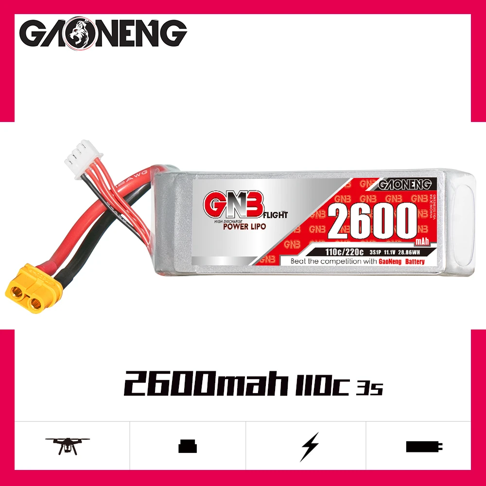 

Gaoneng GNB 2600mAh 3S1P 11.1V 110C/220C Lipo Battery With XT60 Plug For Helicopter Quadcopter RC FPV Racing Drone Parts