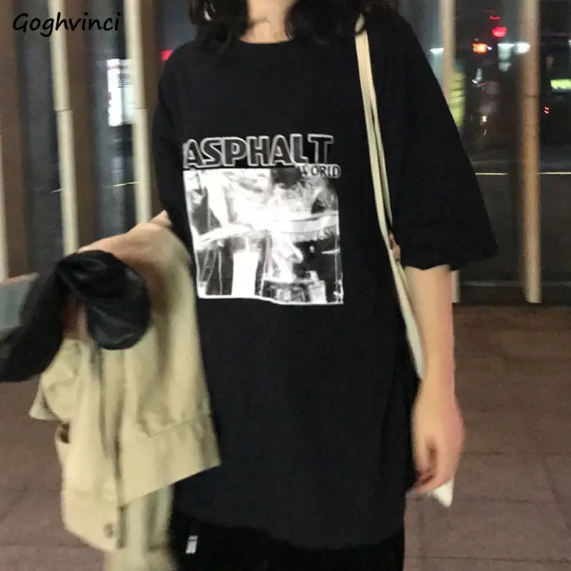 

Summer Vintage Printing Short Sleeve T-shirts Women BF Couples Long Tees Retro Harajuku All-match M-XXL Street Wear Hip-pop Chic