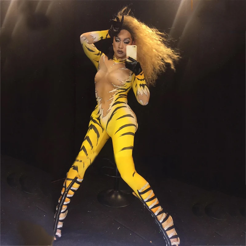 Соблазнительный тигровый комбинезон боди с блестящими кристаллами костюм для