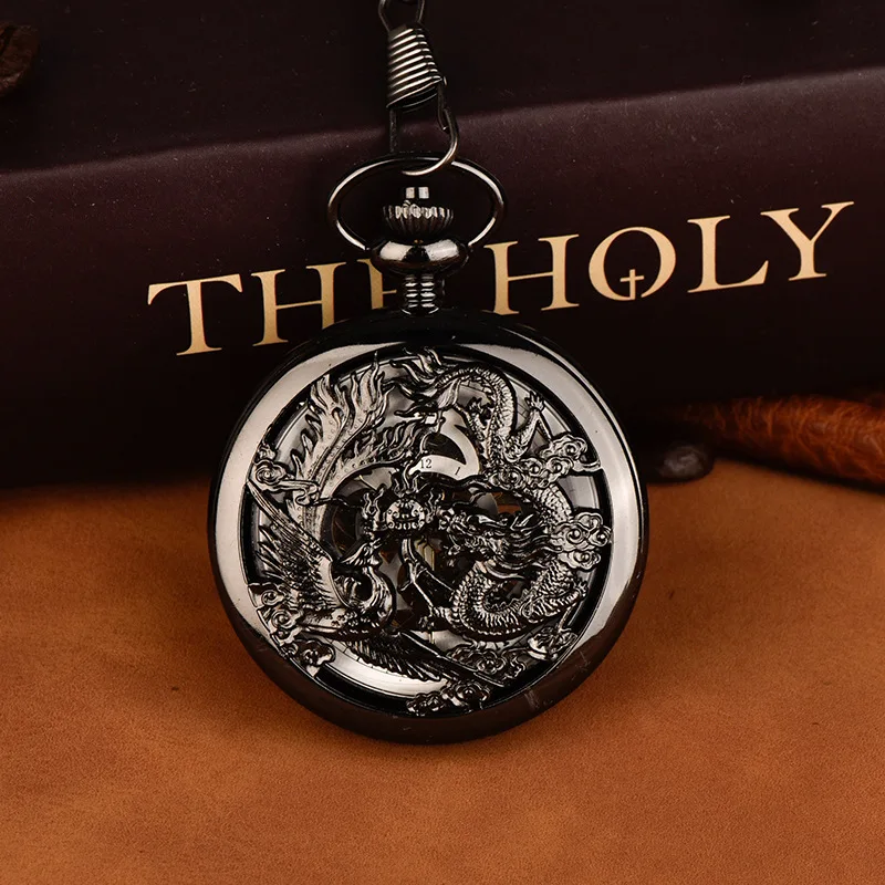Luxury Dragon Mechanical Pocket Watch for Men Women Hollow Skeleton Case Roman Numeral Dial Fob Chain Pendant Clock Collection