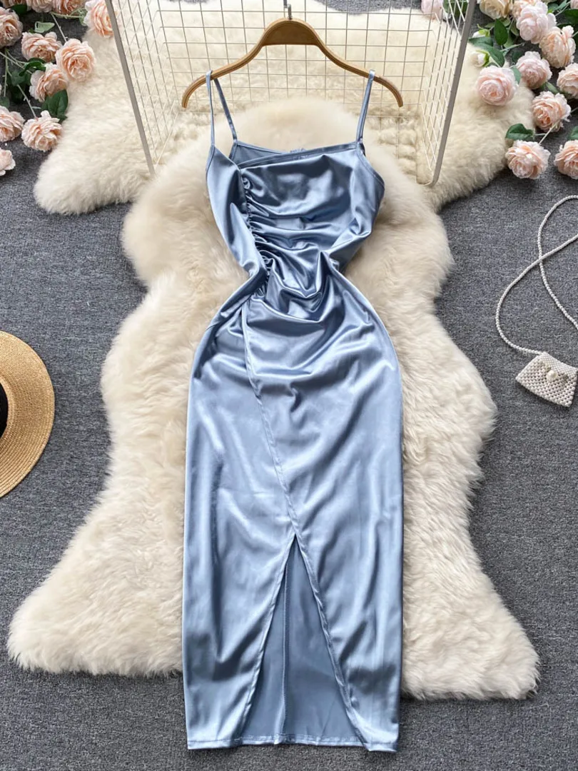 

Женское атласное платье на бретелях-спагетти, элегантное облегающее вечернее праздвечерние чное длинное платье без рукавов с рюшами и пере...