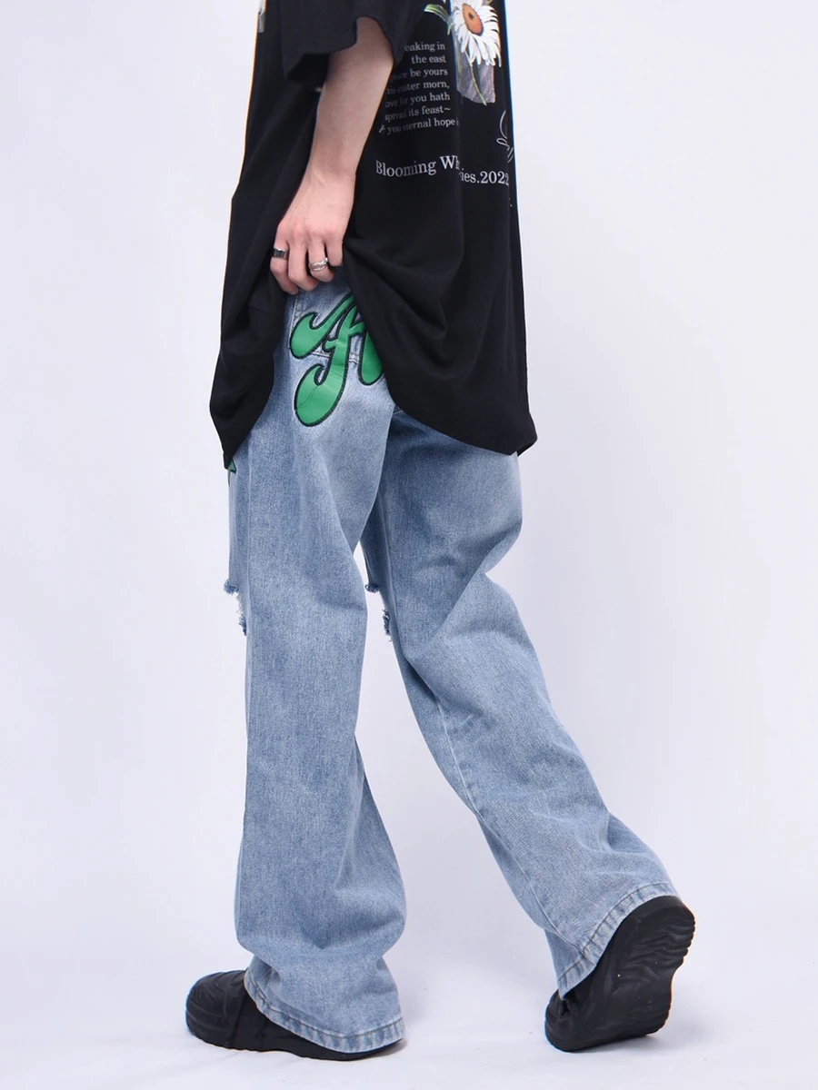 European and American Embroidery Design Jeans Ins High Street Loose Straight Pants Men Trousers Trendy Y2K Men Jeans Streetwear