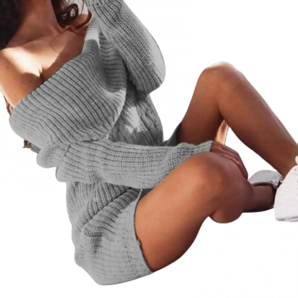 

Women Sexy Autumn Winter Solid Color Off-Shoulder Long Sleeve Slim Mini Dress