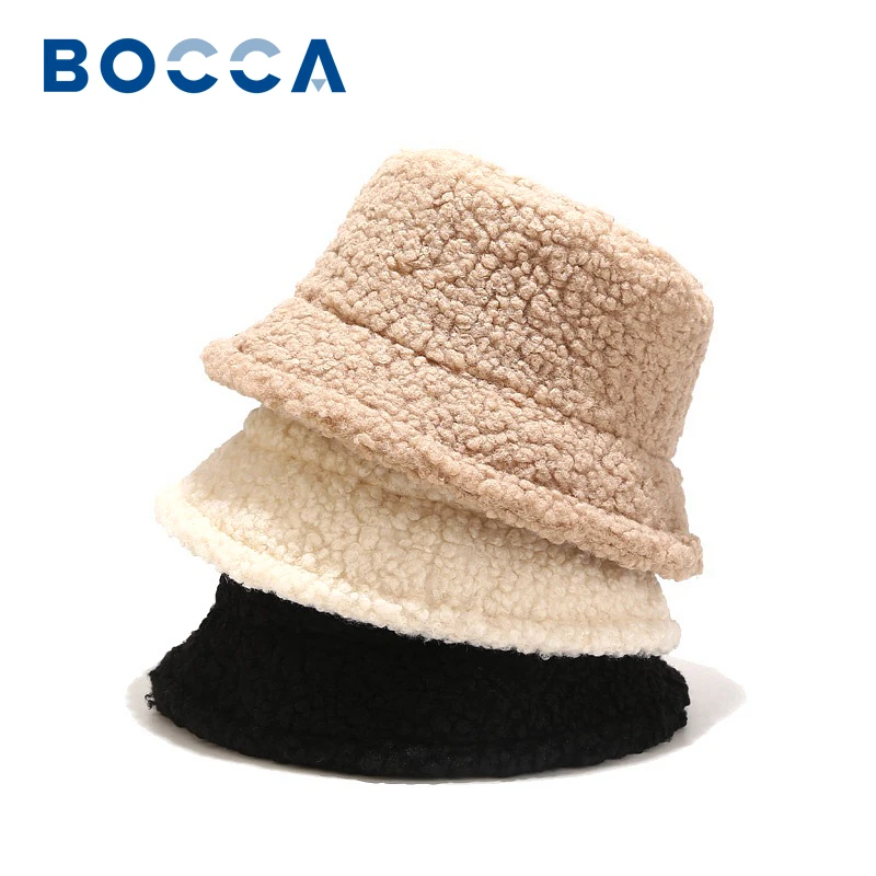 Bocca Fur Bucket Hat Fuzzy Bucket Hats Solid Color Cap For Women Fisherman Hats Foldable Winter Outdoor Soft Lamb Faux