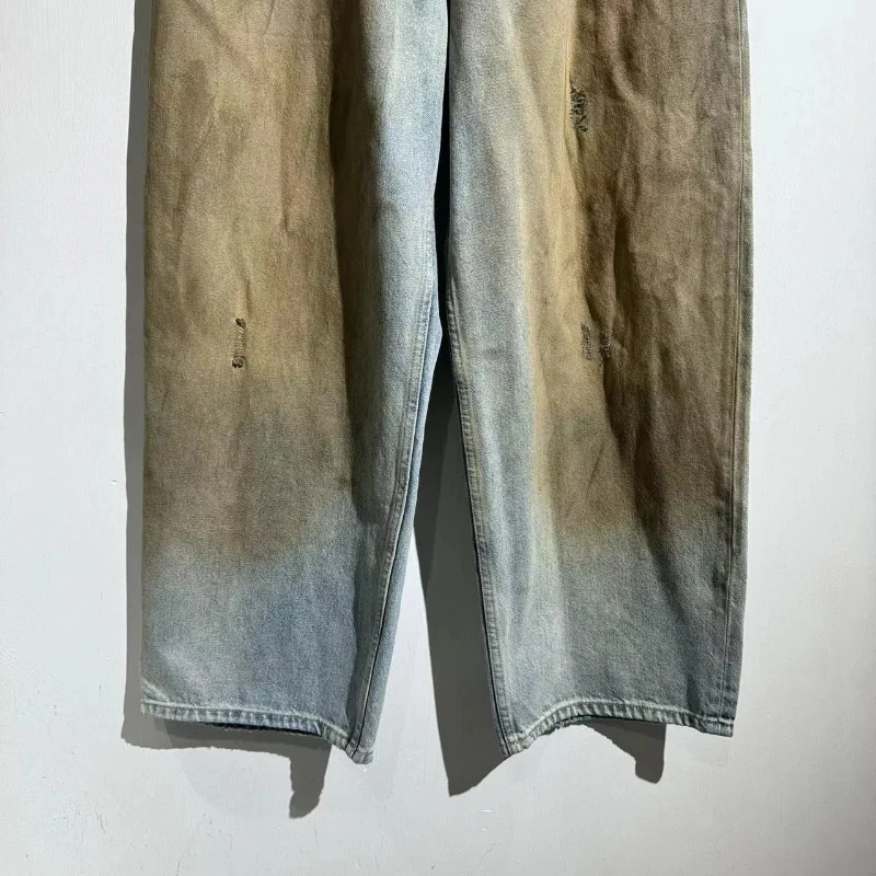 24SS Окрашенные в грязи прямые мешковатые джинсы американском стиле мужские брюки