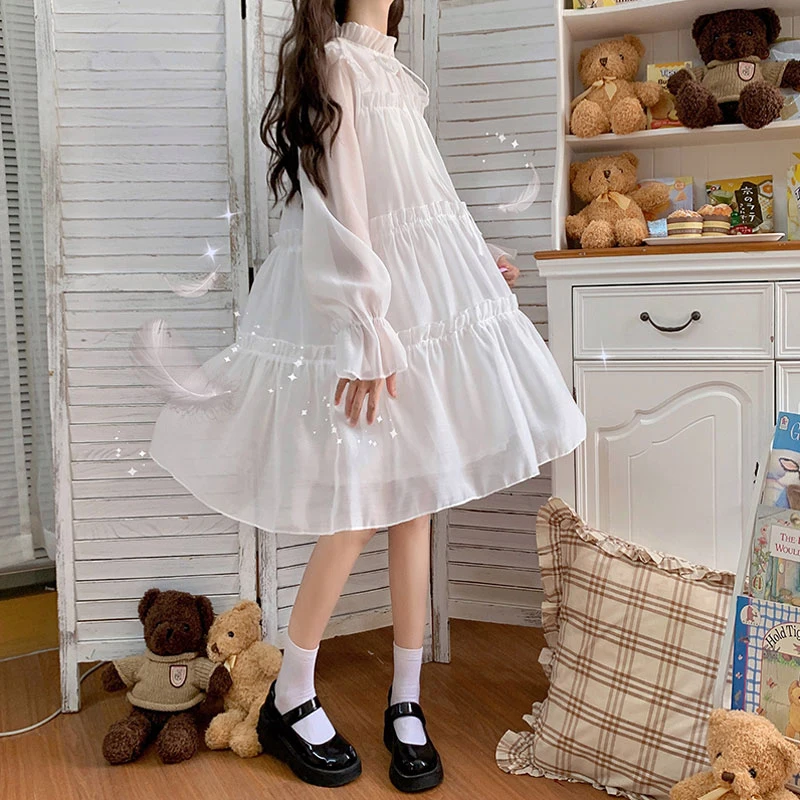 

Kawaii Women Dress y2k Lolita White New Japanese Fashion Casual Vintage Elegant Loose Long Sleeve Solid Color Sweet Mini Dresses