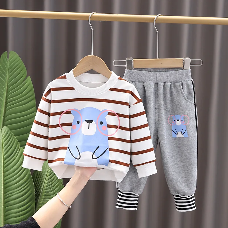 

2022 Kids Infant Spring Autumn Clothing Sets Baby Boy Casual 2pcs Suits for Striped cute Cartoon Tops+Pants Toddler Girl Clothes