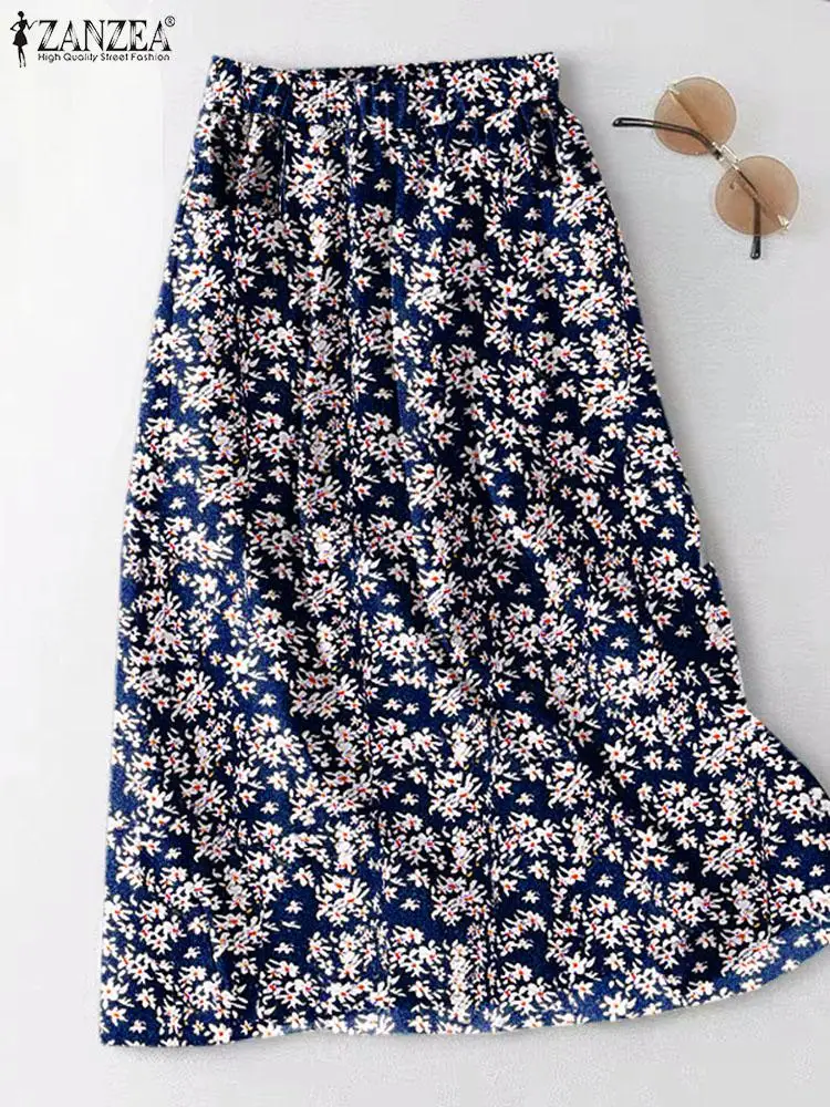 

ZANZEA Floral Print Vintage Jupes Bohemian Elastic Waist Faldas Pockets Holiday Skirts A-line Elegant Summer Women Midi Skirt