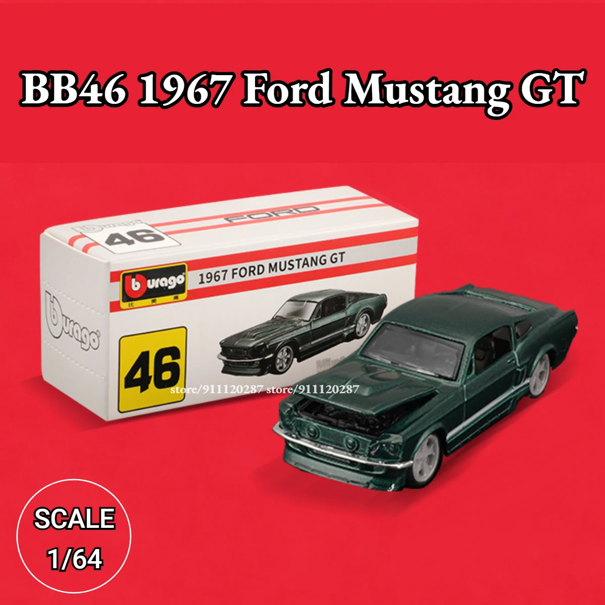 

Bburago 1/64 Mini Car Model, BB46 1967 Ford Mustang GT Scale Miniature Art Diecast Vehicle Replica Collection Toy