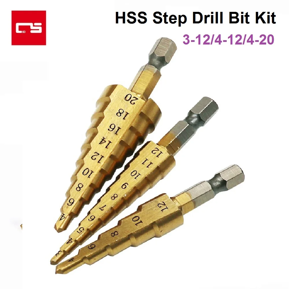 

Step Drill Bit 3-12mm 4-12mm 4-20mm HSS Straight Groove Titanium Coated Wood Metal Hole Cutter Making Tool Core Drill Bit Set
