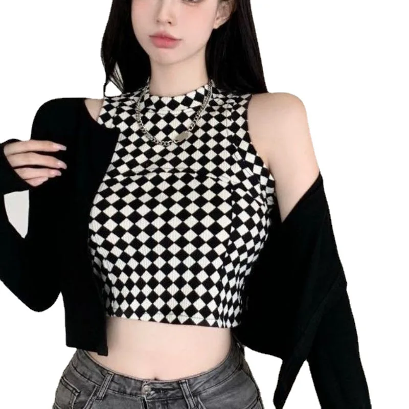 

Women Vintage Plaid Knitted Tank Tops Female Sleeveless O-Neck T-shirt Women Casual Cropped Streetwear for Women Summer