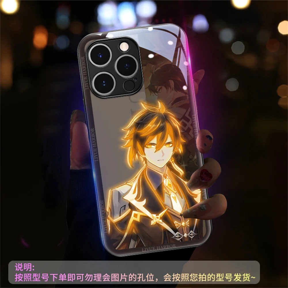 Фото Крутой чехол для iPhone Air 17 16 15 14 13 12 11 Pro Max Plus с мультяшным рисунком Genshin, умной LED-подсветкой и закаленным стеклом №4