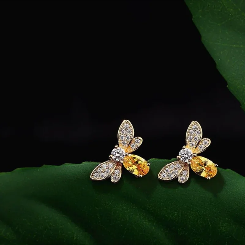 

CUBIC ZIRCONIA BEE STUD EARRINGS Natural Citrine Crystal Earrings for Women November Birthstone Stud Gift for Woman Bumble Bee