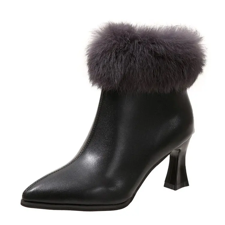 Elegant Woman Boots Shoes Plush Zipper Boots-Women Luxury Designer Winter Footwear Padded Fur Rubber Mid Calf Pointy 2023