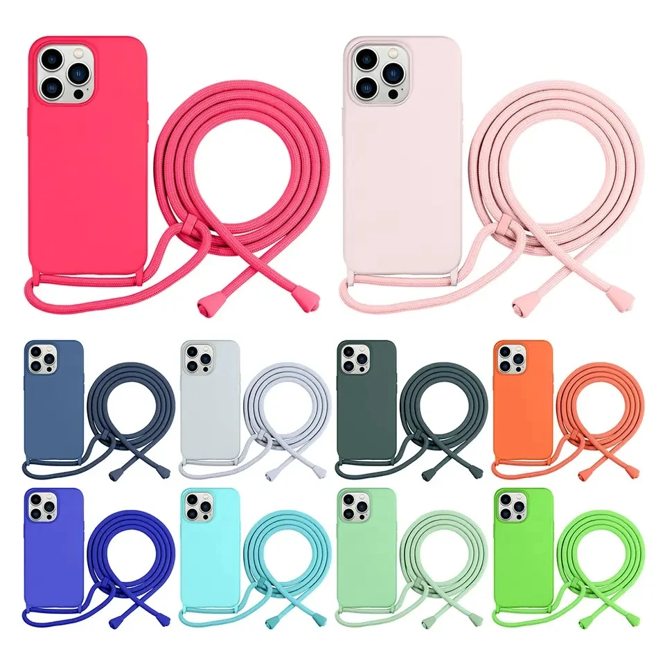 

Official Liquid Silicone Crossbody Necklace Lanyard Case For iPhone XS X XR 6 6S 7 8 Plus SE 11 12 13 Mini 14 Pro Max Soft Cover