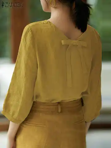 ZANZEA Spring Summer Blouses 2023 Tunic Women Blouse Casual Retro Cotton Female Three Quarter Sleeve Tops Blusa Female Oversized