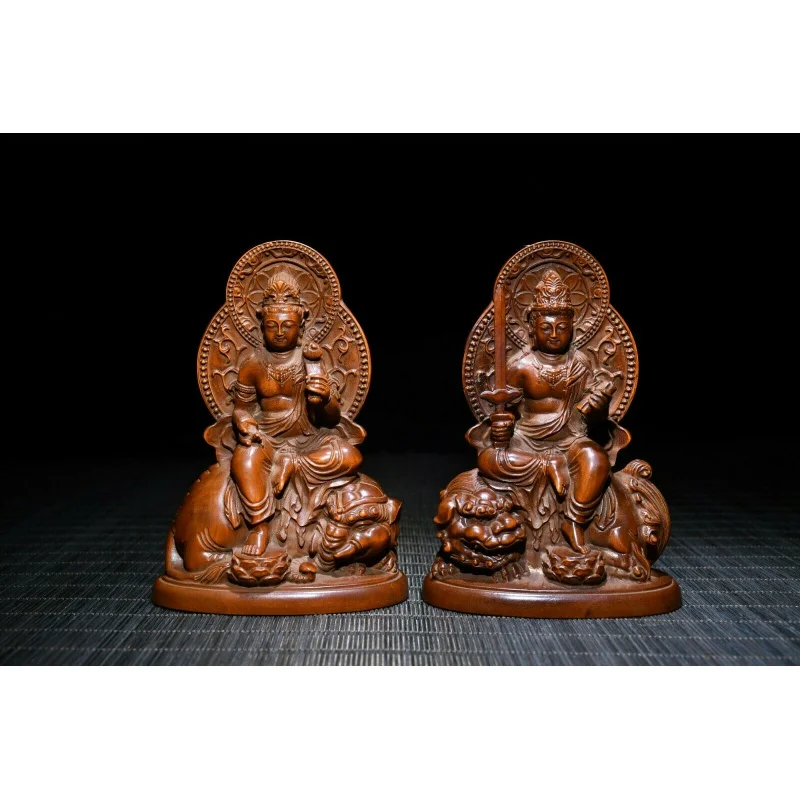 

2pcs Chinese Natural Boxwood Handmade Exquisite Manshu Bodhisattva/Buddha Statue