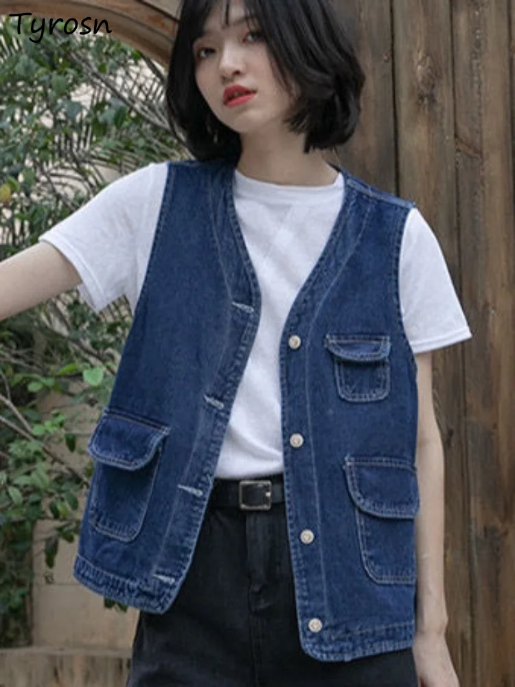 

Женский джинсовый жилет, повседневная простая универсальная однотонная летняя мягкая модная свободная дизайнерская жилетка с V-образным вырезом в винтажном Корейском стиле для студентов