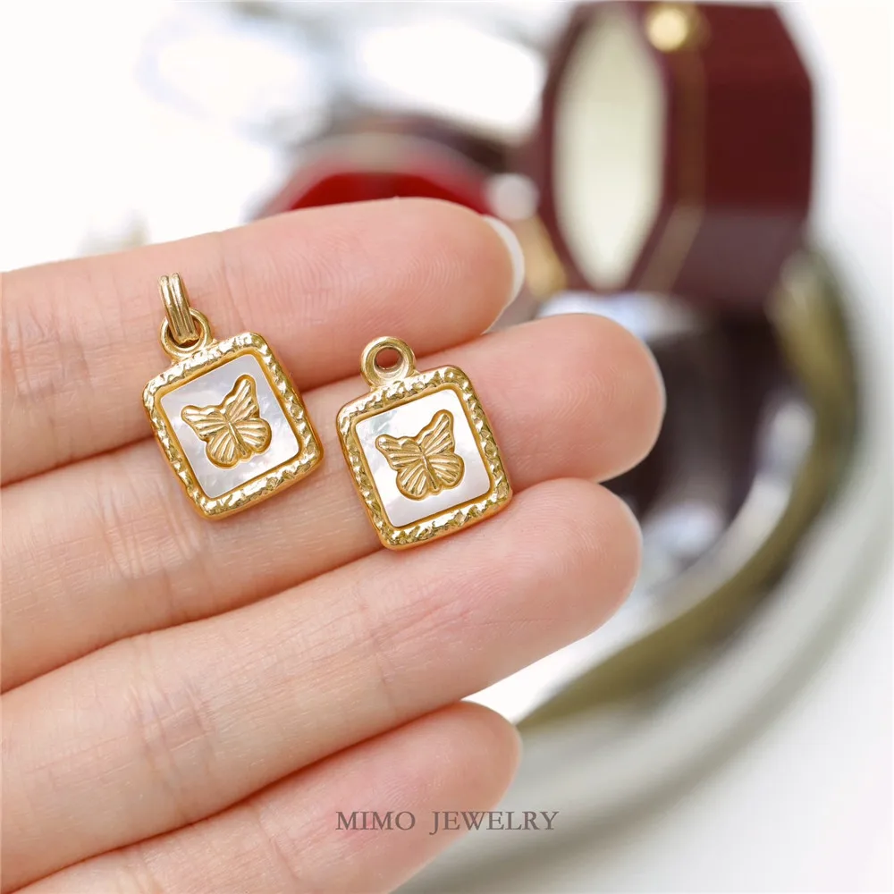 

Stainless titanium plated vintage square White Fritillaria Butterfly pendant clavicle chain DIY accessory