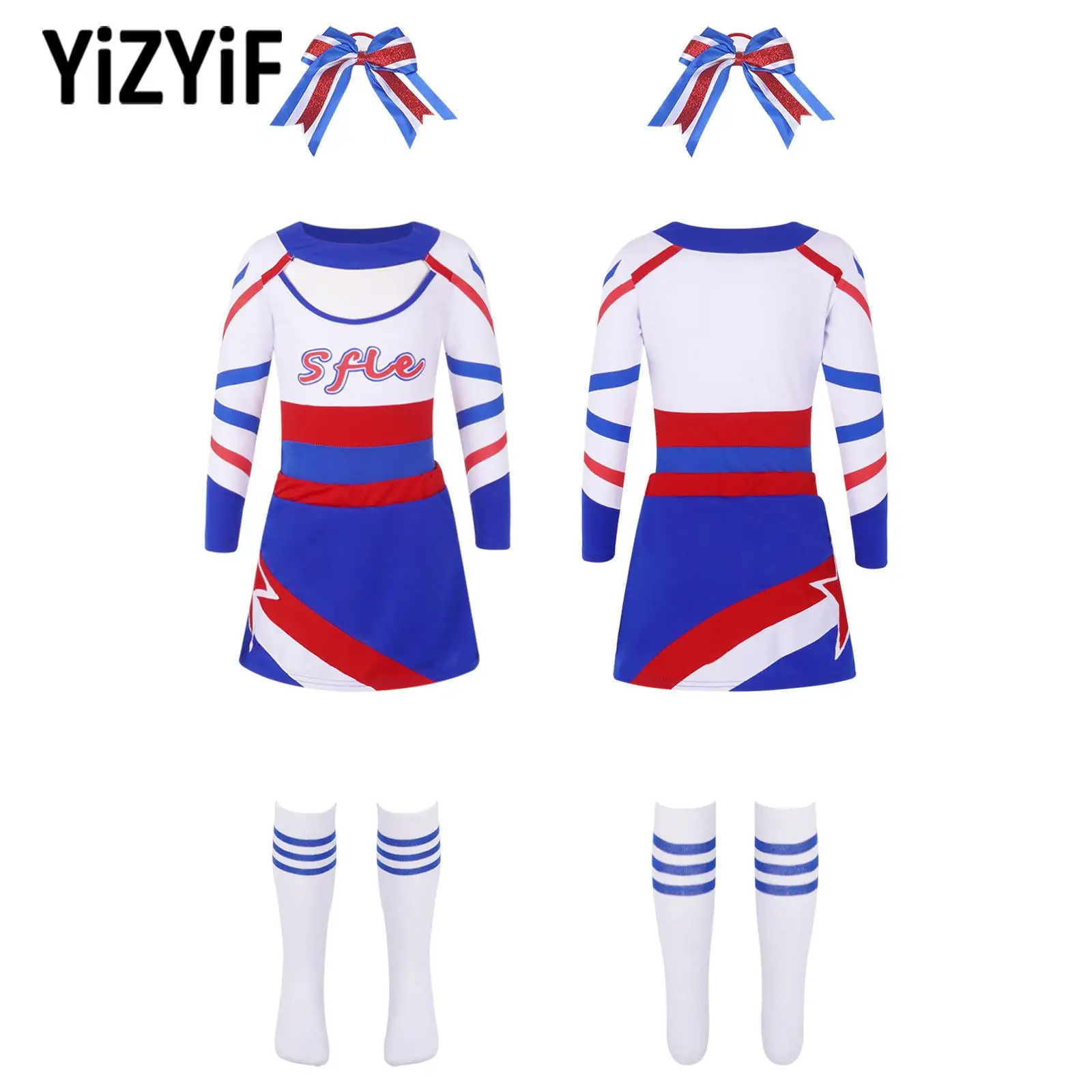 

Детский костюм для чирлидинга из 4 предметов для девочек, боди с длинным рукавом и вырезами спереди, юбка с эластичным поясом, головной убор с бантом и искусственными элементами