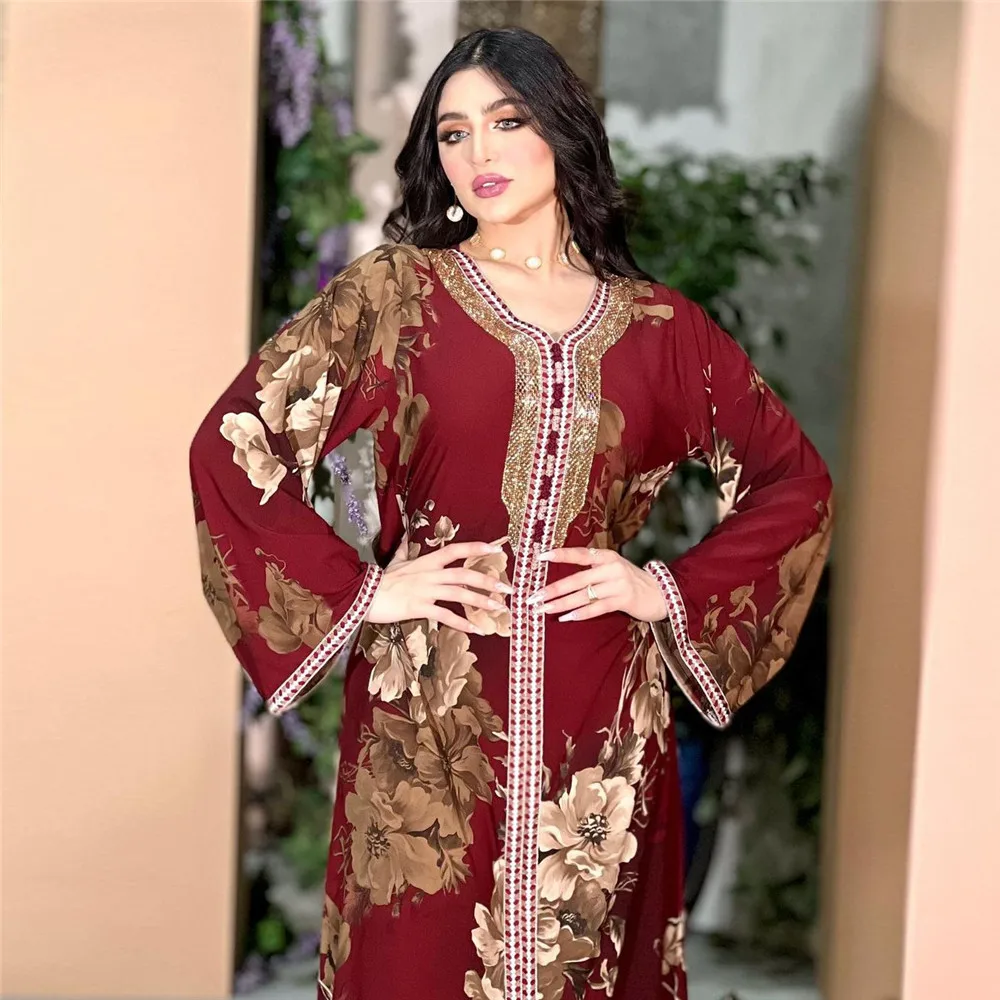 

2022 Abaya Muslim Female Arab Robe Women Jalabiya Moroccan Middle East Ramadan Diamonds Turkey Floral Print Long Dress Islamic