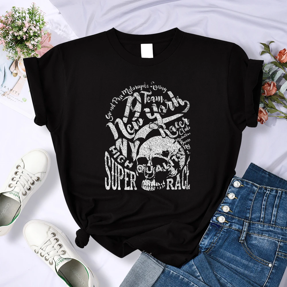 

New York Skull Vintage Text Y2K Womens T-Shirt Soft Breathable Crop Top Street Hip Hop Tee Shirts Casual Sport Womens T Shirt
