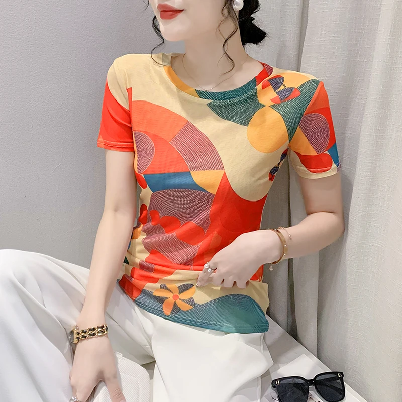 

2023 Mesh Fabric Rond-neck Slim Fit Top Short Sleeve Tight Positioning Printed T-shirt for Women Vintage Casual Summer Koera Tee
