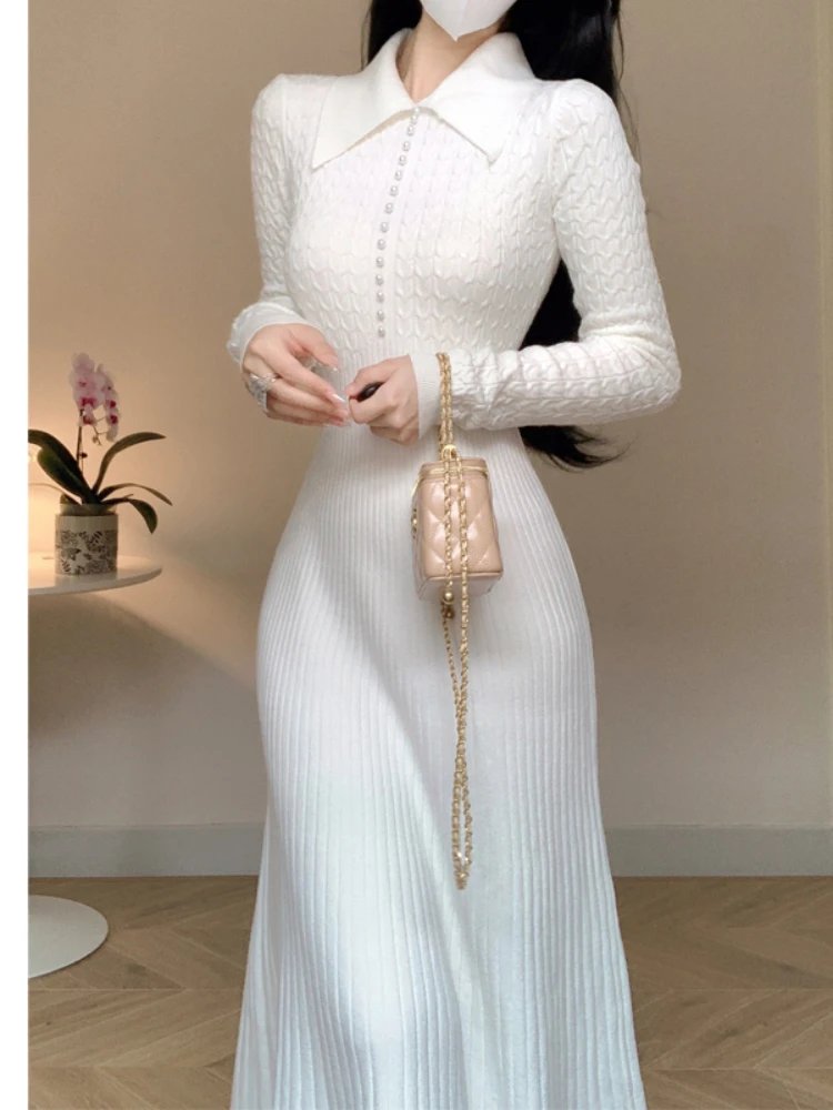 Платье-Свитер женское трикотажное ТРАПЕЦИЕВИДНОЕ с отворотом и длинным рукавом