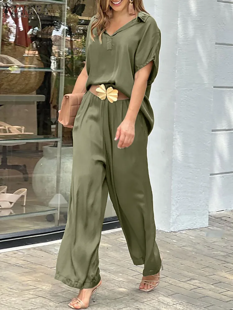 

Summer 2022 Women Spring Fahsion Tracksuit Outfits 2PCS Pants Sets ZANZEA Short Sleeve Top Casual Solid Wide Leg Pant Oversized
